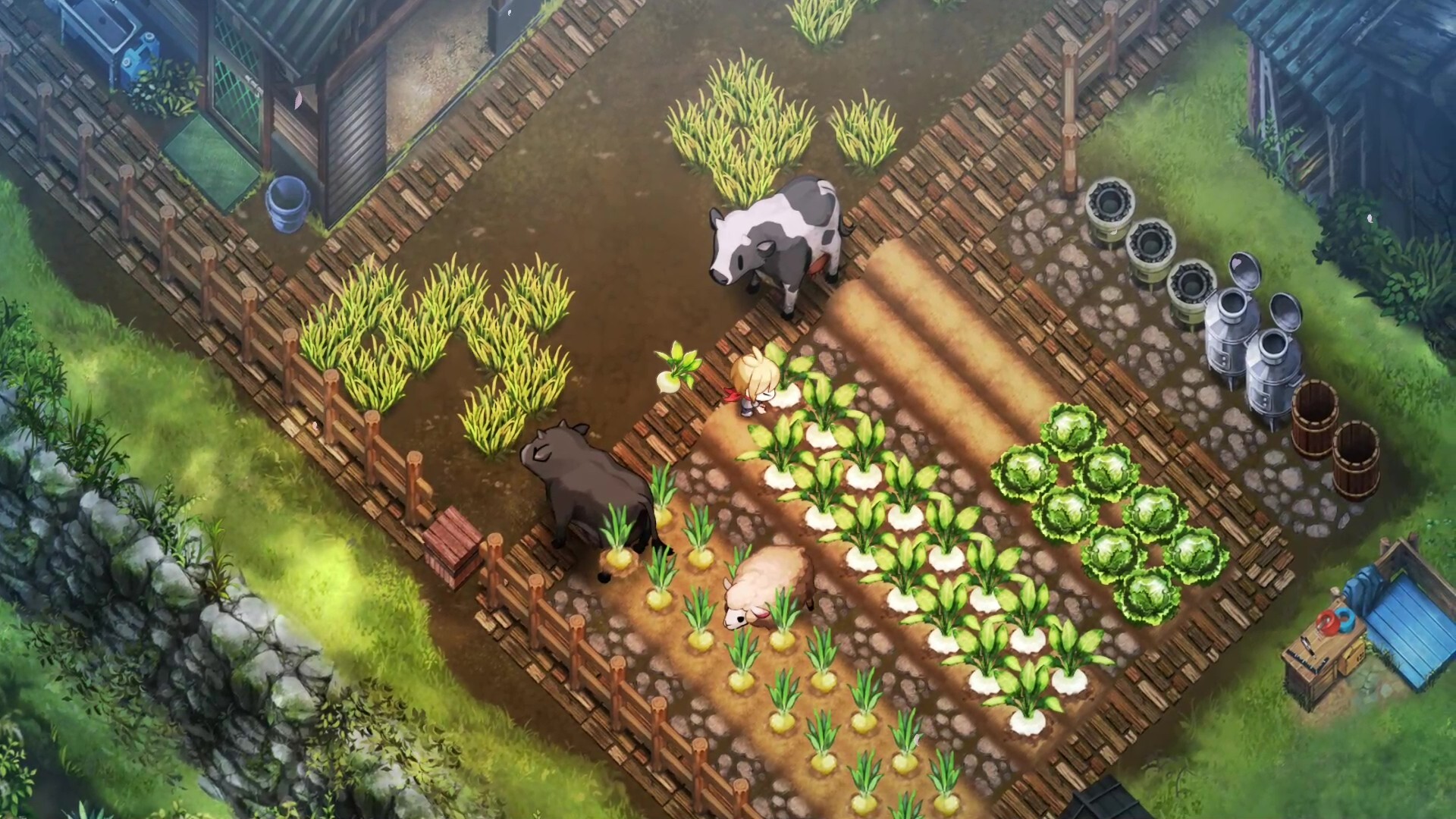 Village in the Shade screenshot: a fenced vegetable farm with cabbages, livestock and storage jars.