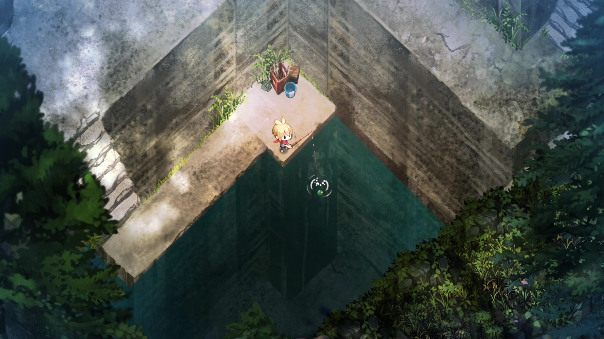 Village in the Shade screenshot: a foggy cliff edge above dark water.