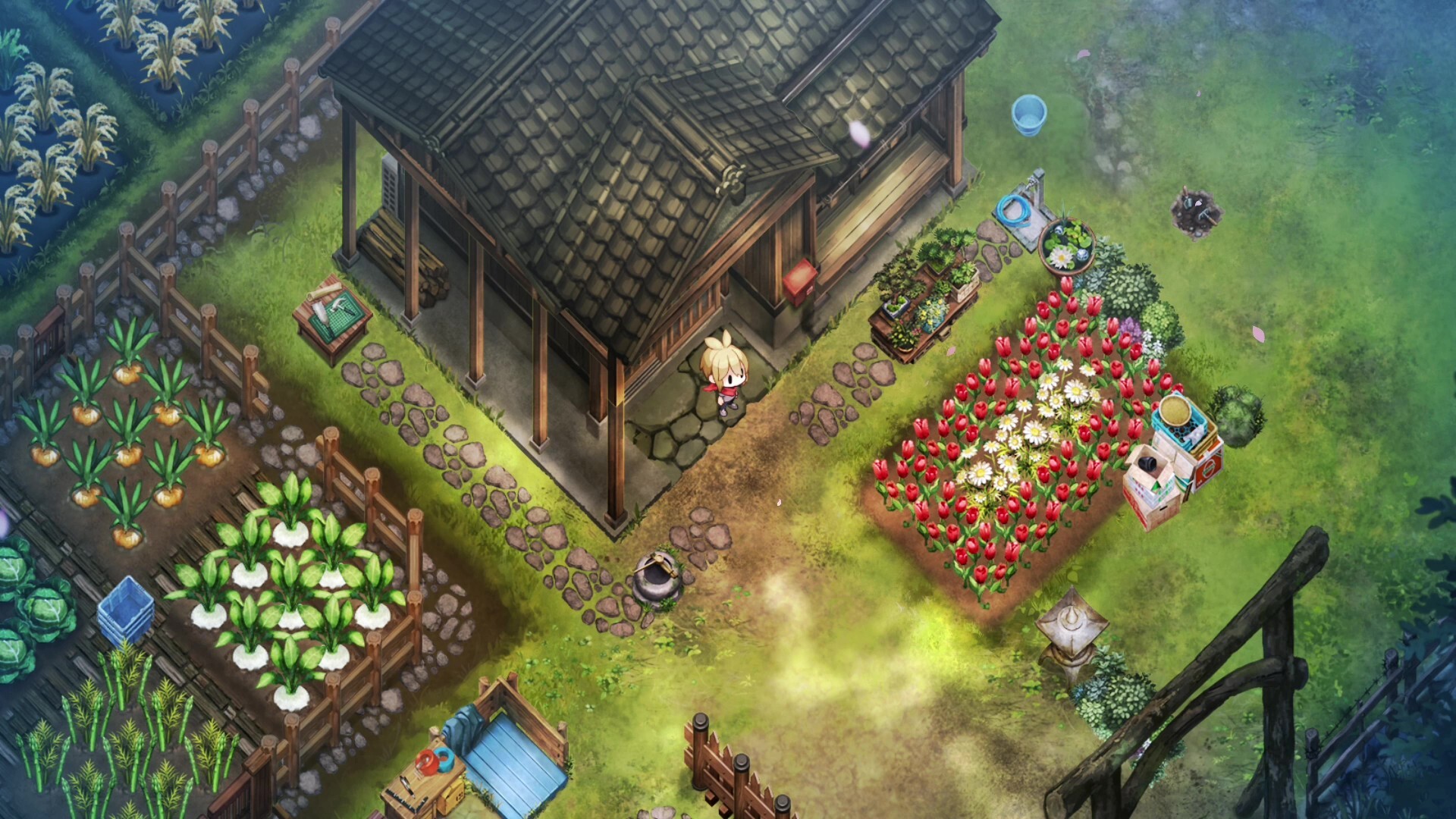 Village in the Shade screenshot: a farmhouse with rows of crops and red flowers.